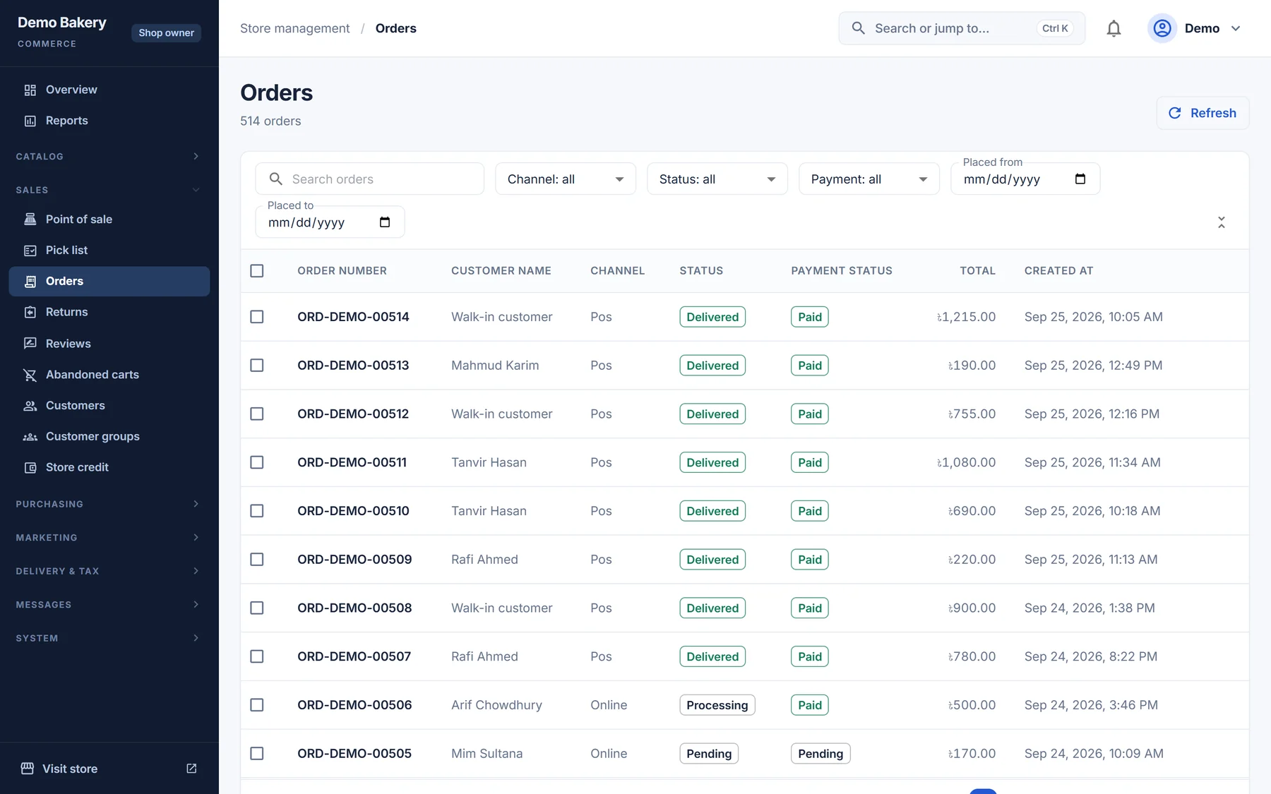 The Sellbino orders list with status, payment and delivery.